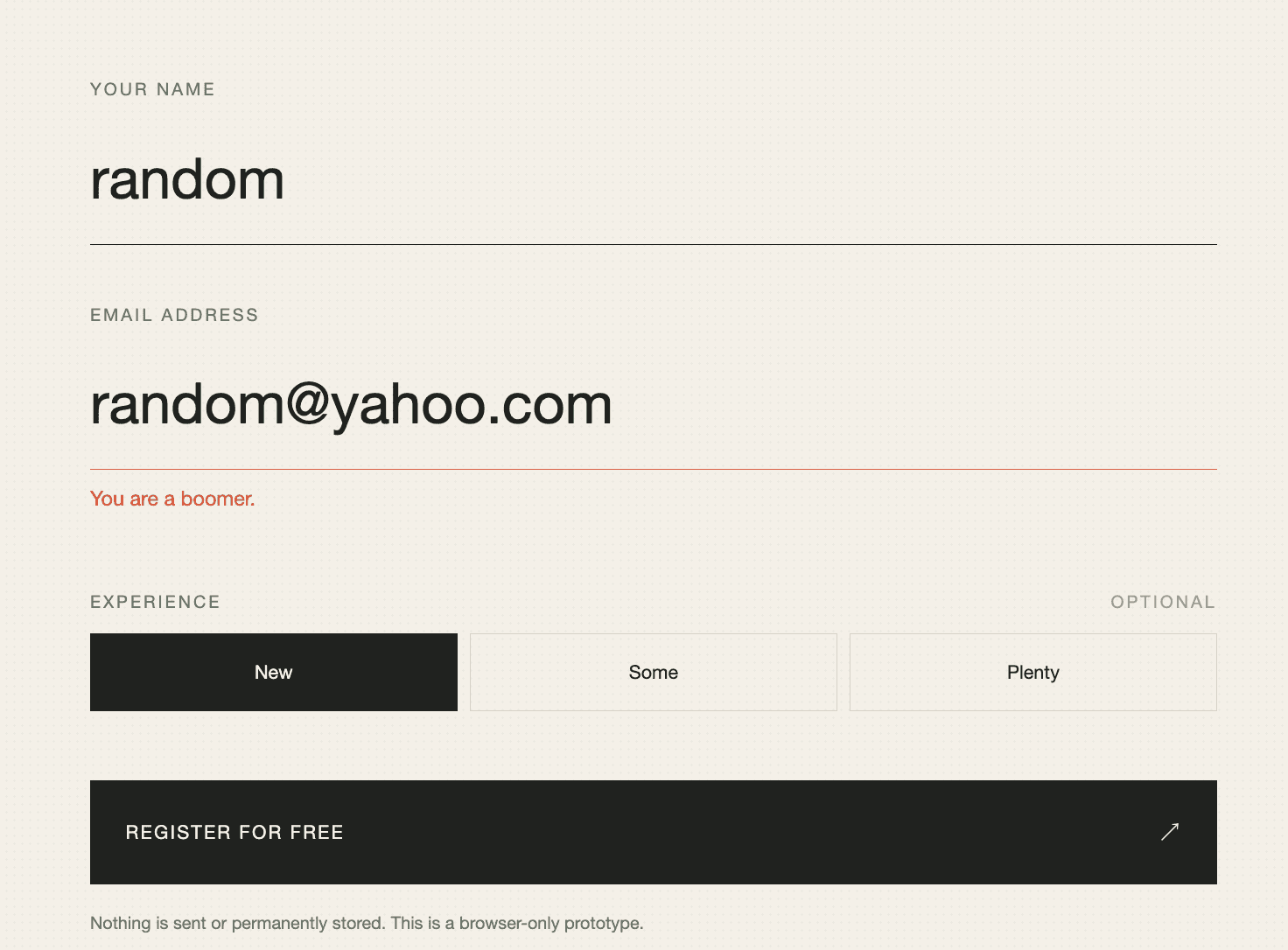 Workshop registration form showing a playful warning after a Yahoo email address is entered